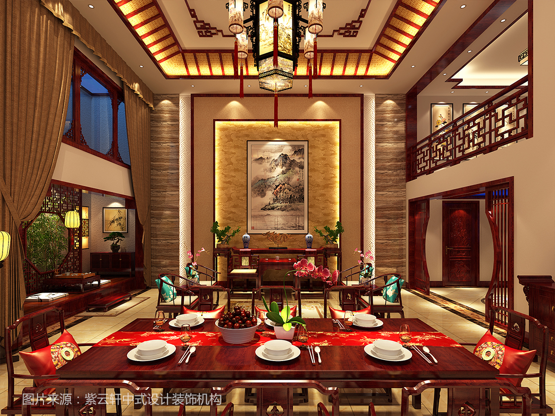 邢台别墅古典中式设计案例，餐厅中式装修效果图_紫云轩中式设计图库